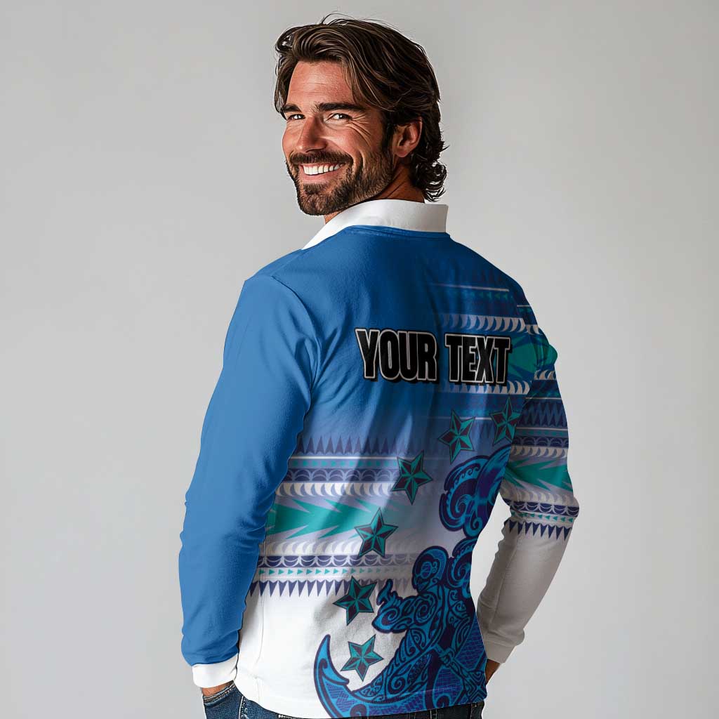 Personalised Cook Islands Va'a Race Long Sleeve Polo Shirt Te Tatau Tattoos Sporty Style Light Blue Color LT03 - Polynesian Pride