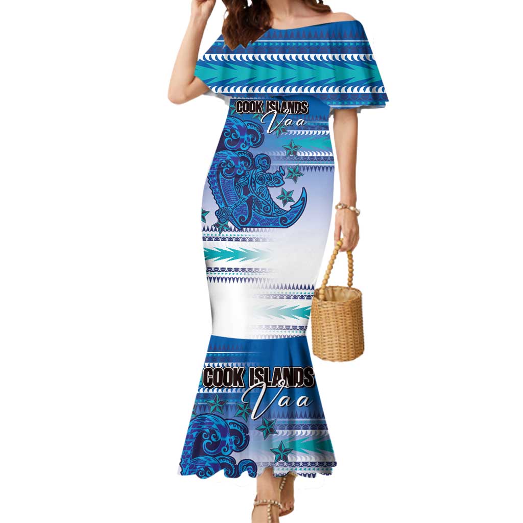 Personalised Cook Islands Va'a Race Mermaid Dress Te Tatau Tattoos Sporty Style Light Blue Color LT03 Women Blue - Polynesian Pride