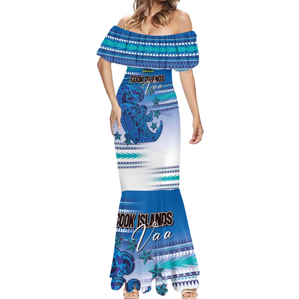 Personalised Cook Islands Va'a Race Mermaid Dress Te Tatau Tattoos Sporty Style Light Blue Color LT03 - Polynesian Pride