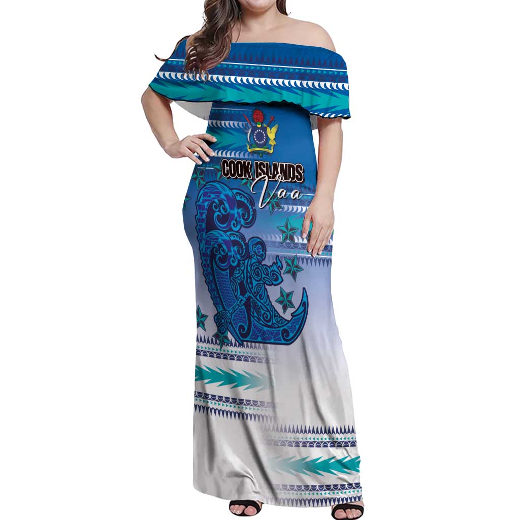 Personalised Cook Islands Va'a Race Off Shoulder Maxi Dress Te Tatau Tattoos Sporty Style Light Blue Color LT03 Women Blue - Polynesian Pride
