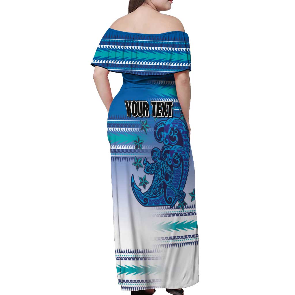 Personalised Cook Islands Va'a Race Off Shoulder Maxi Dress Te Tatau Tattoos Sporty Style Light Blue Color LT03 - Polynesian Pride