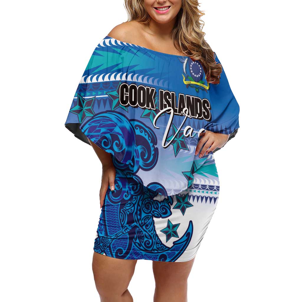 Personalised Cook Islands Va'a Race Off Shoulder Short Dress Te Tatau Tattoos Sporty Style Light Blue Color LT03 Women Blue - Polynesian Pride