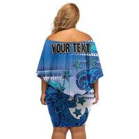 Personalised Cook Islands Va'a Race Off Shoulder Short Dress Te Tatau Tattoos Sporty Style Light Blue Color LT03 - Polynesian Pride