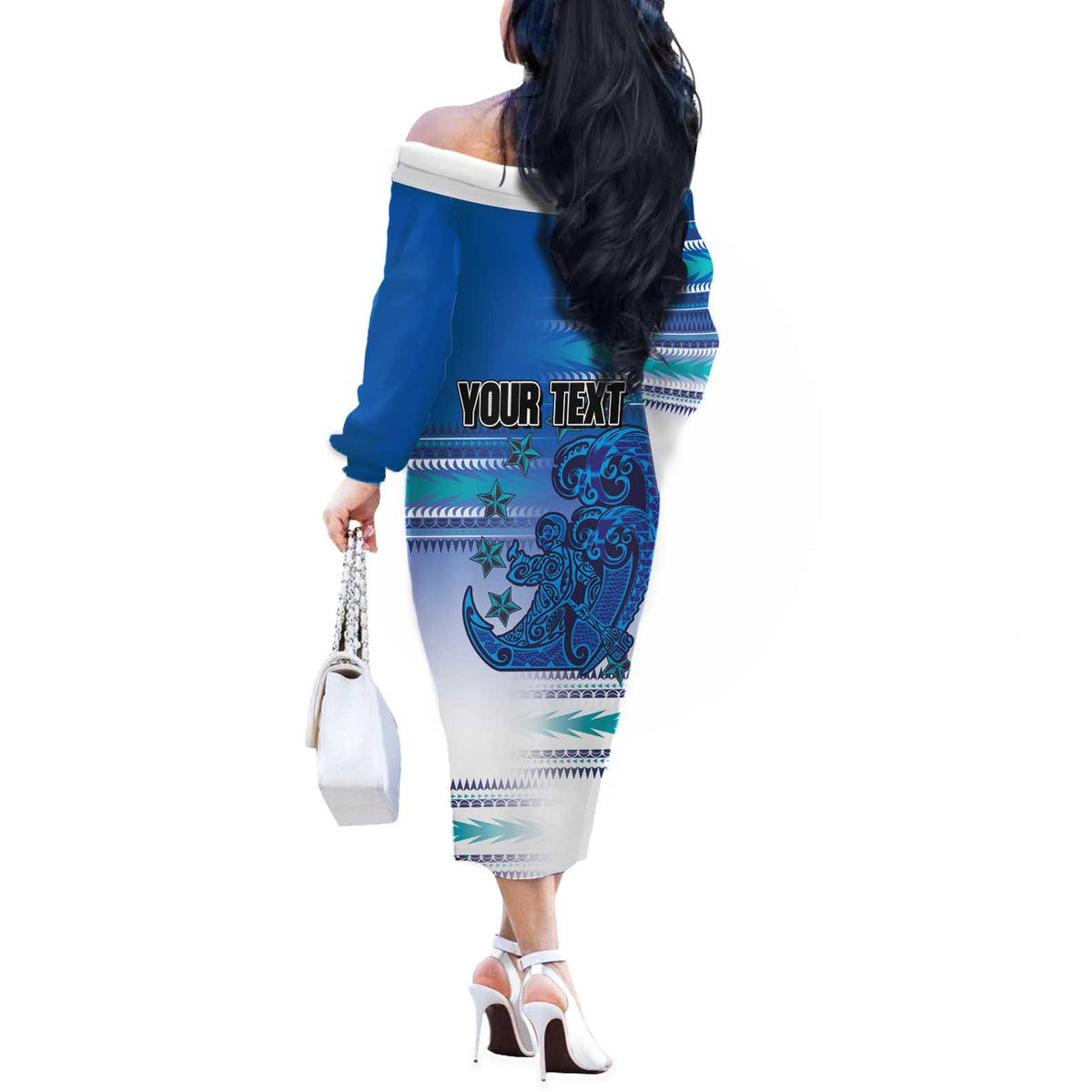Personalised Cook Islands Va'a Race Off The Shoulder Long Sleeve Dress Te Tatau Tattoos Sporty Style Light Blue Color LT03 - Polynesian Pride