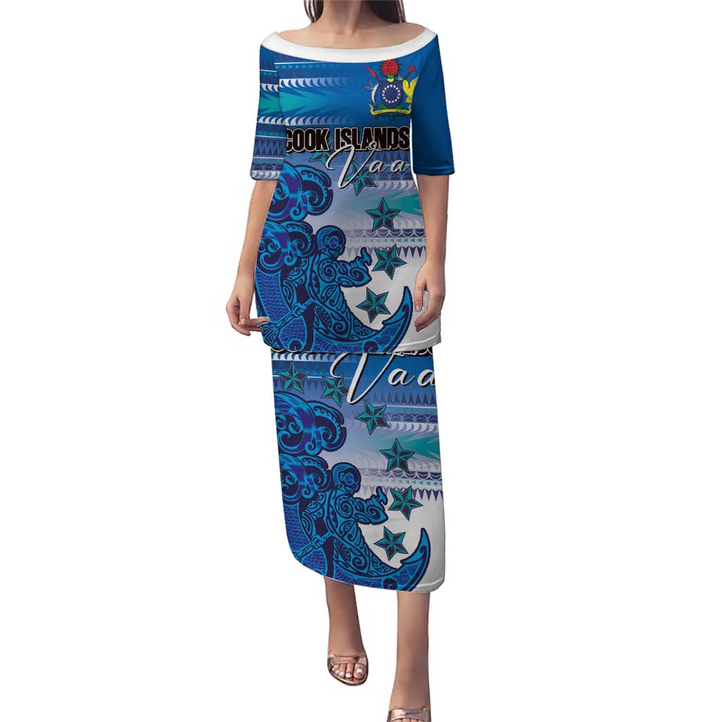 Personalised Cook Islands Va'a Race Puletasi Te Tatau Tattoos Sporty Style Light Blue Color LT03 Long Dress Blue - Polynesian Pride