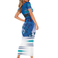 Personalised Cook Islands Va'a Race Short Sleeve Bodycon Dress Te Tatau Tattoos Sporty Style Light Blue Color LT03 - Polynesian Pride