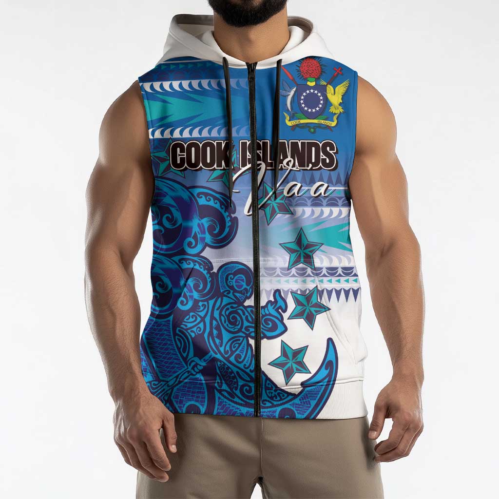 Personalised Cook Islands Va'a Race Sleeveless Zip Hoodie Te Tatau Tattoos Sporty Style Light Blue Color LT03 - Polynesian Pride