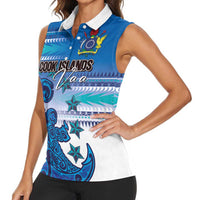 Personalised Cook Islands Va'a Race Women Sleeveless Polo Shirt Te Tatau Tattoos Sporty Style Light Blue Color LT03 - Polynesian Pride
