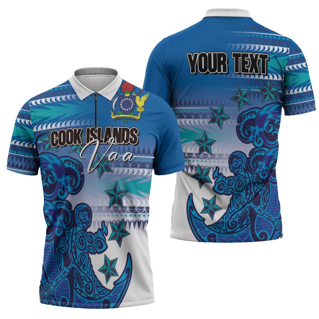 Personalised Cook Islands Va'a Race Zipper Polo Shirt Te Tatau Tattoos Sporty Style Light Blue Color LT03 - Polynesian Pride