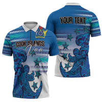 Personalised Cook Islands Va'a Race Zipper Polo Shirt Te Tatau Tattoos Sporty Style Light Blue Color LT03 - Polynesian Pride