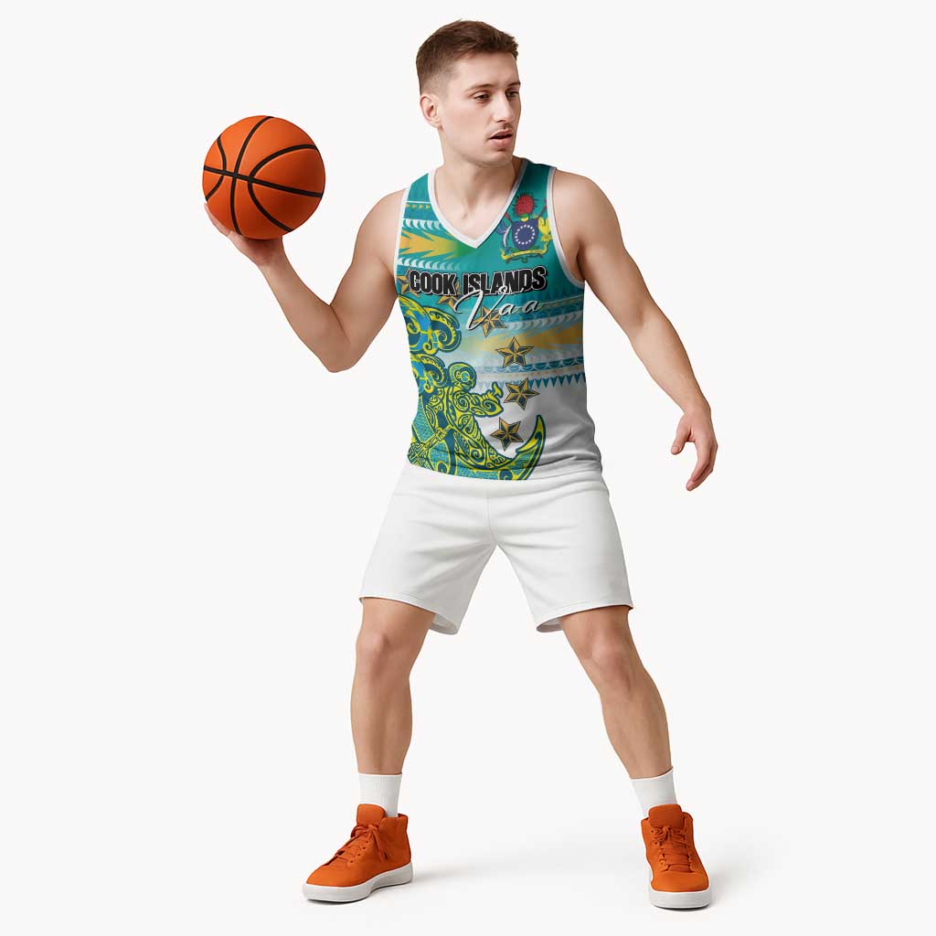 Personalised Cook Islands Va'a Race Basketball Jersey Te Tatau Tattoos Sporty Style Turquoise Color LT03 - Polynesian Pride