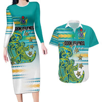 Personalised Cook Islands Va'a Race Couples Matching Long Sleeve Bodycon Dress and Hawaiian Shirt Te Tatau Tattoos Sporty Style Turquoise Color LT03 Turquoise - Polynesian Pride