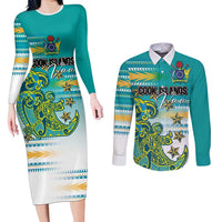 Personalised Cook Islands Va'a Race Couples Matching Long Sleeve Bodycon Dress and Long Sleeve Button Shirt Te Tatau Tattoos Sporty Style Turquoise Color LT03 Turquoise - Polynesian Pride