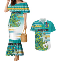 Personalised Cook Islands Va'a Race Couples Matching Mermaid Dress and Hawaiian Shirt Te Tatau Tattoos Sporty Style Turquoise Color LT03 Turquoise - Polynesian Pride