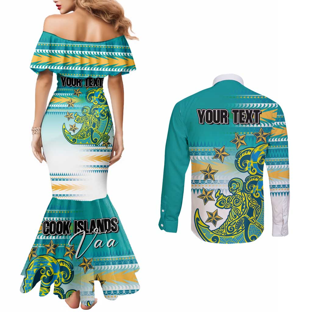 Personalised Cook Islands Va'a Race Couples Matching Mermaid Dress and Long Sleeve Button Shirt Te Tatau Tattoos Sporty Style Turquoise Color LT03 - Polynesian Pride