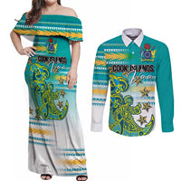 Personalised Cook Islands Va'a Race Couples Matching Off Shoulder Maxi Dress and Long Sleeve Button Shirt Te Tatau Tattoos Sporty Style Turquoise Color LT03 Turquoise - Polynesian Pride