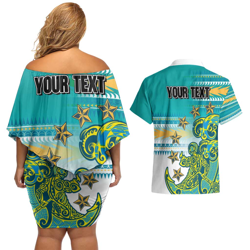 Personalised Cook Islands Va'a Race Couples Matching Off Shoulder Short Dress and Hawaiian Shirt Te Tatau Tattoos Sporty Style Turquoise Color LT03 - Polynesian Pride
