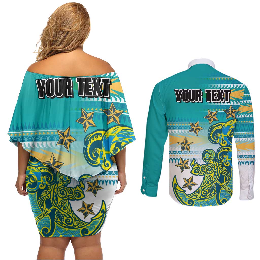 Personalised Cook Islands Va'a Race Couples Matching Off Shoulder Short Dress and Long Sleeve Button Shirt Te Tatau Tattoos Sporty Style Turquoise Color LT03 - Polynesian Pride