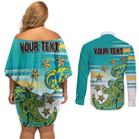 Personalised Cook Islands Va'a Race Couples Matching Off Shoulder Short Dress and Long Sleeve Button Shirt Te Tatau Tattoos Sporty Style Turquoise Color LT03 - Polynesian Pride