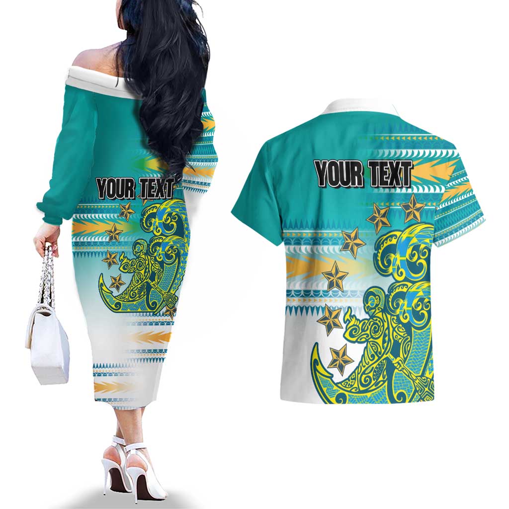 Personalised Cook Islands Va'a Race Couples Matching Off The Shoulder Long Sleeve Dress and Hawaiian Shirt Te Tatau Tattoos Sporty Style Turquoise Color LT03 - Polynesian Pride