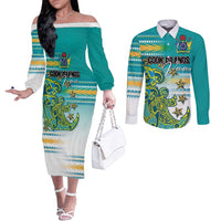 Personalised Cook Islands Va'a Race Couples Matching Off The Shoulder Long Sleeve Dress and Long Sleeve Button Shirt Te Tatau Tattoos Sporty Style Turquoise Color LT03 Turquoise - Polynesian Pride