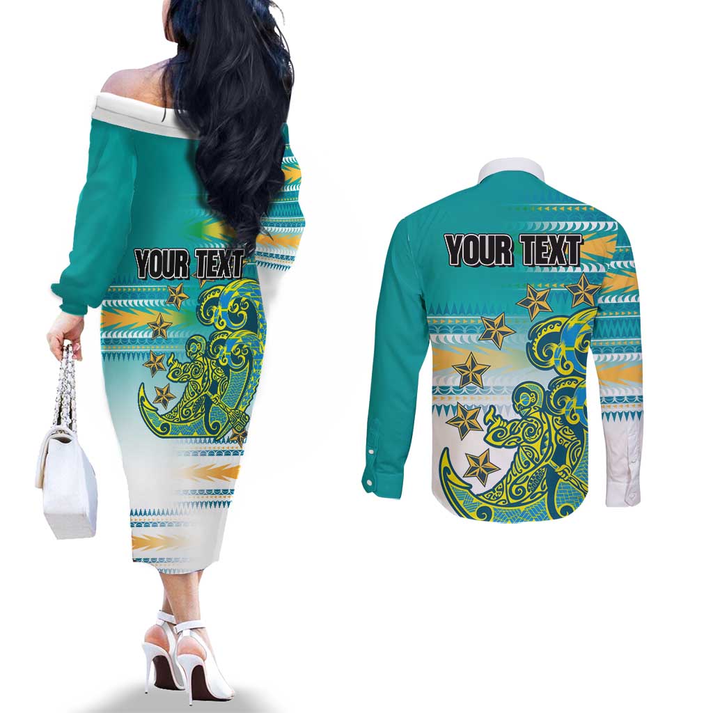 Personalised Cook Islands Va'a Race Couples Matching Off The Shoulder Long Sleeve Dress and Long Sleeve Button Shirt Te Tatau Tattoos Sporty Style Turquoise Color LT03 - Polynesian Pride