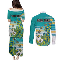 Personalised Cook Islands Va'a Race Couples Matching Puletasi and Long Sleeve Button Shirt Te Tatau Tattoos Sporty Style Turquoise Color LT03 - Polynesian Pride