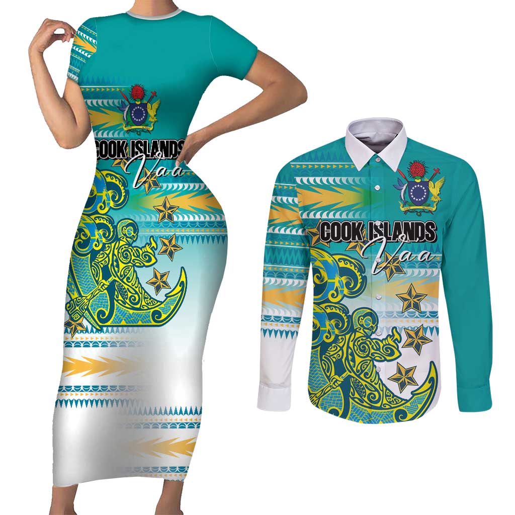 Personalised Cook Islands Va'a Race Couples Matching Short Sleeve Bodycon Dress and Long Sleeve Button Shirt Te Tatau Tattoos Sporty Style Turquoise Color LT03 Turquoise - Polynesian Pride