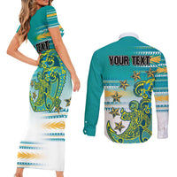Personalised Cook Islands Va'a Race Couples Matching Short Sleeve Bodycon Dress and Long Sleeve Button Shirt Te Tatau Tattoos Sporty Style Turquoise Color LT03 - Polynesian Pride