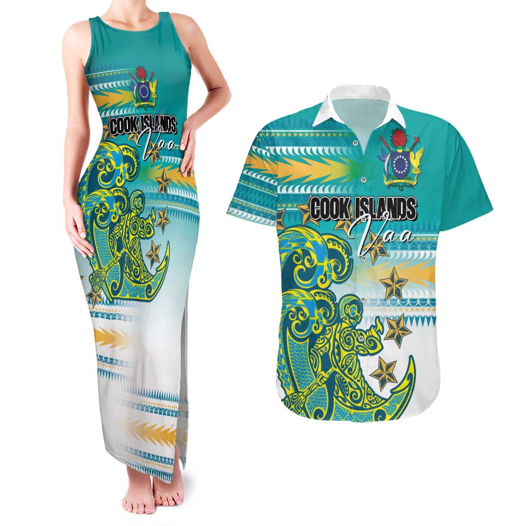 Personalised Cook Islands Va'a Race Couples Matching Tank Maxi Dress and Hawaiian Shirt Te Tatau Tattoos Sporty Style Turquoise Color LT03 Turquoise - Polynesian Pride