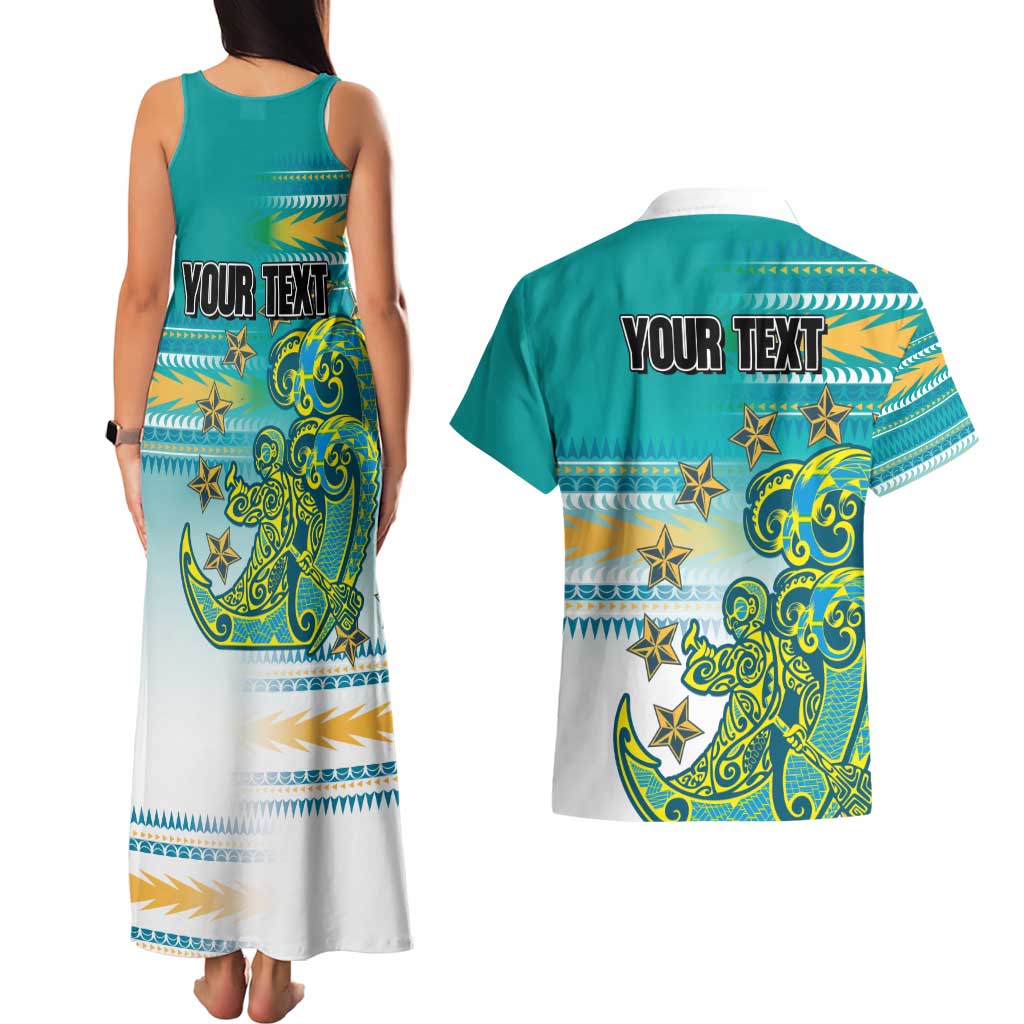 Personalised Cook Islands Va'a Race Couples Matching Tank Maxi Dress and Hawaiian Shirt Te Tatau Tattoos Sporty Style Turquoise Color LT03 - Polynesian Pride