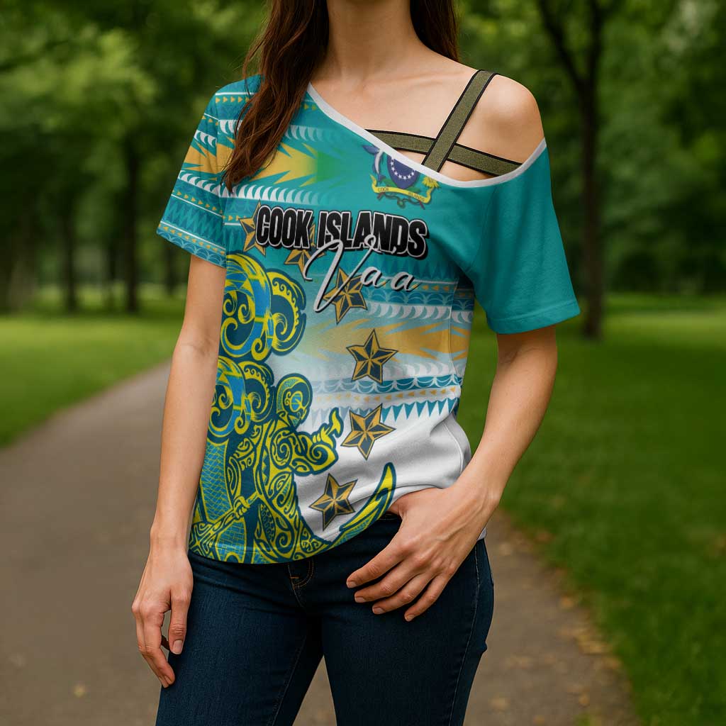 Personalised Cook Islands Va'a Race Cross Shoulder Shirt Te Tatau Tattoos Sporty Style Turquoise Color LT03 - Polynesian Pride