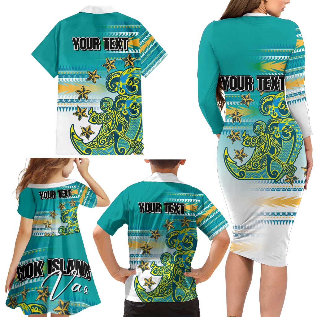 Personalised Cook Islands Va'a Race Family Matching Long Sleeve Bodycon Dress and Hawaiian Shirt Te Tatau Tattoos Sporty Style Turquoise Color LT03 - Polynesian Pride