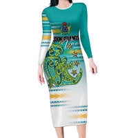 Personalised Cook Islands Va'a Race Family Matching Long Sleeve Bodycon Dress and Hawaiian Shirt Te Tatau Tattoos Sporty Style Turquoise Color LT03 Mom's Dress Turquoise - Polynesian Pride