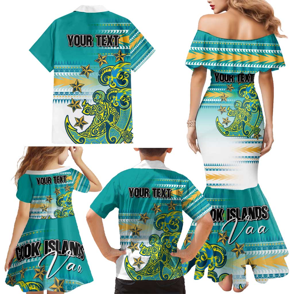 Personalised Cook Islands Va'a Race Family Matching Mermaid Dress and Hawaiian Shirt Te Tatau Tattoos Sporty Style Turquoise Color LT03 - Polynesian Pride
