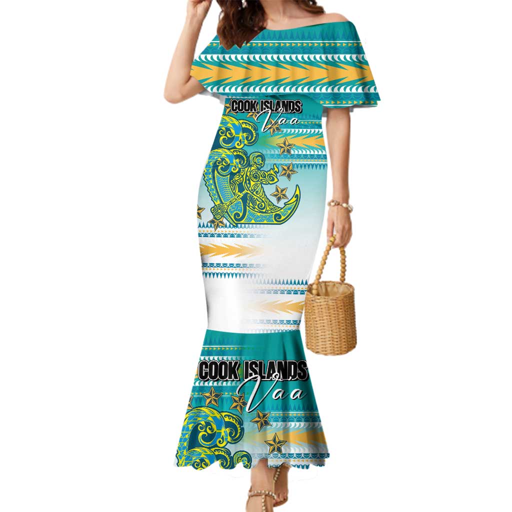 Personalised Cook Islands Va'a Race Family Matching Mermaid Dress and Hawaiian Shirt Te Tatau Tattoos Sporty Style Turquoise Color LT03 Mom's Dress Turquoise - Polynesian Pride