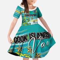 Personalised Cook Islands Va'a Race Family Matching Off The Shoulder Long Sleeve Dress and Hawaiian Shirt Te Tatau Tattoos Sporty Style Turquoise Color LT03 Daughter's Dress Turquoise - Polynesian Pride