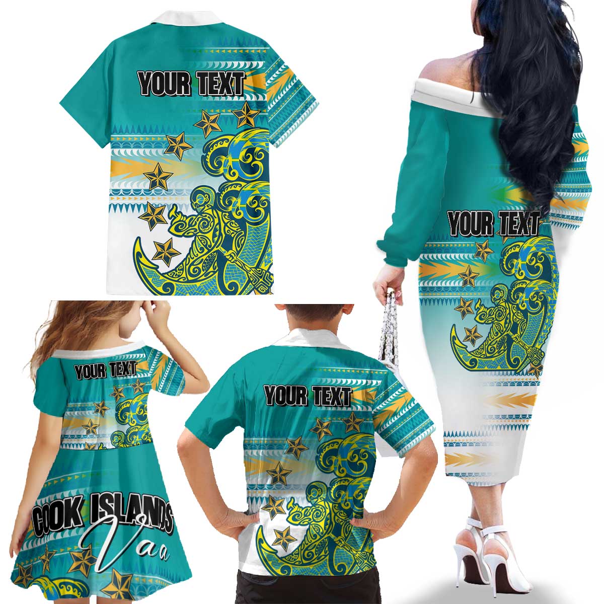 Personalised Cook Islands Va'a Race Family Matching Off The Shoulder Long Sleeve Dress and Hawaiian Shirt Te Tatau Tattoos Sporty Style Turquoise Color LT03 - Polynesian Pride