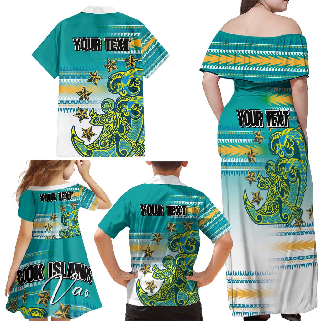 Personalised Cook Islands Va'a Race Family Matching Off Shoulder Maxi Dress and Hawaiian Shirt Te Tatau Tattoos Sporty Style Turquoise Color LT03 - Polynesian Pride