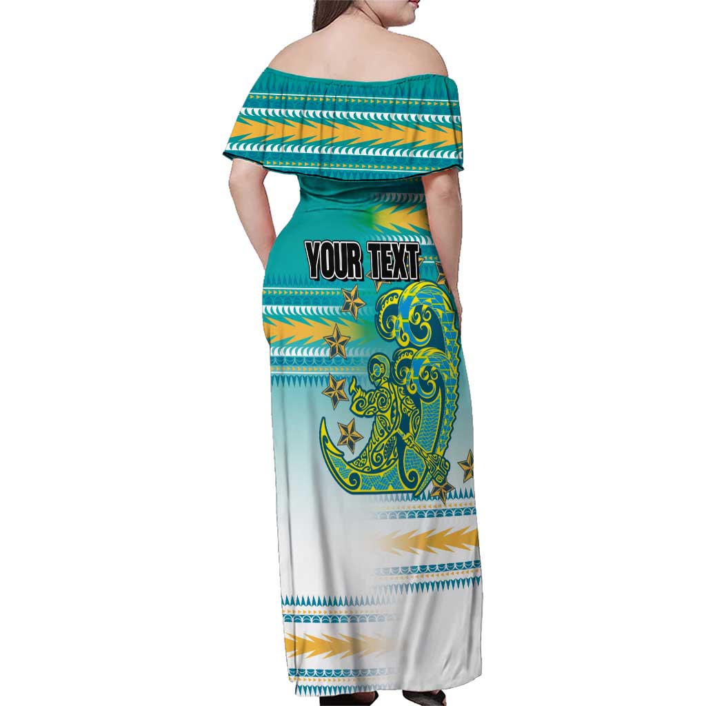 Personalised Cook Islands Va'a Race Family Matching Off Shoulder Maxi Dress and Hawaiian Shirt Te Tatau Tattoos Sporty Style Turquoise Color LT03 - Polynesian Pride