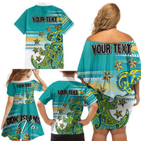 Personalised Cook Islands Va'a Race Family Matching Off Shoulder Short Dress and Hawaiian Shirt Te Tatau Tattoos Sporty Style Turquoise Color LT03 - Polynesian Pride