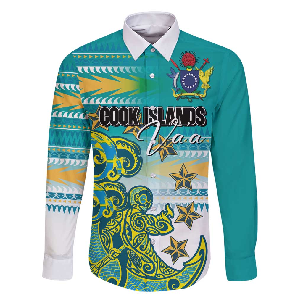 Personalised Cook Islands Va'a Race Family Matching Off Shoulder Short Dress and Hawaiian Shirt Te Tatau Tattoos Sporty Style Turquoise Color LT03 Dad's Shirt - Long Sleeve Turquoise - Polynesian Pride