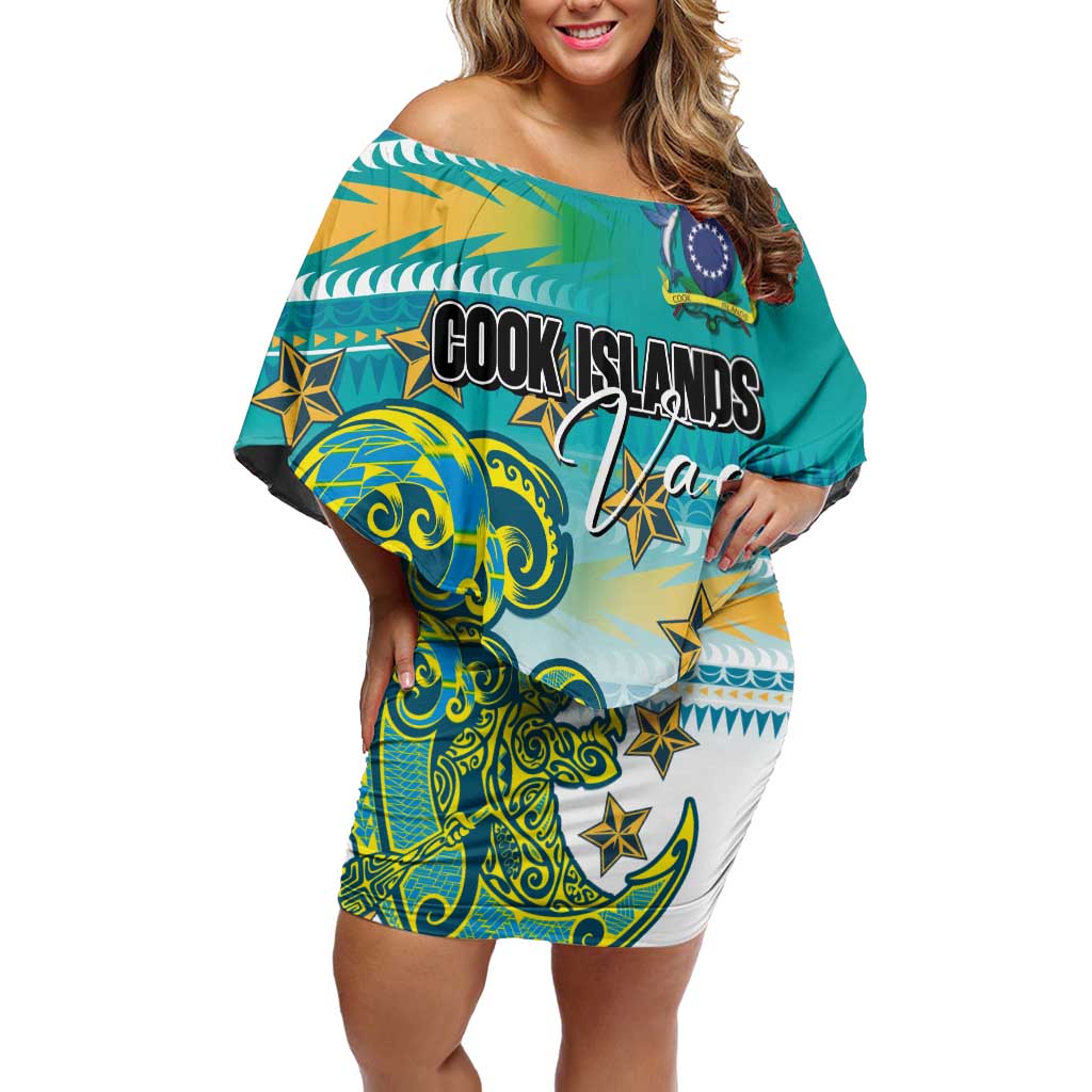 Personalised Cook Islands Va'a Race Family Matching Off Shoulder Short Dress and Hawaiian Shirt Te Tatau Tattoos Sporty Style Turquoise Color LT03 Mom's Dress Turquoise - Polynesian Pride