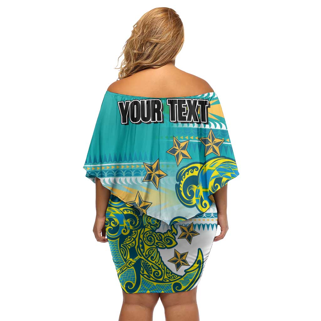 Personalised Cook Islands Va'a Race Family Matching Off Shoulder Short Dress and Hawaiian Shirt Te Tatau Tattoos Sporty Style Turquoise Color LT03 - Polynesian Pride