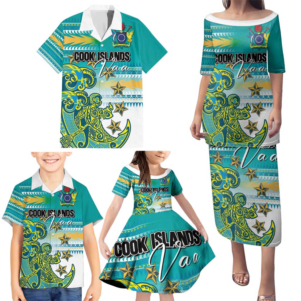Personalised Cook Islands Va'a Race Family Matching Puletasi and Hawaiian Shirt Te Tatau Tattoos Sporty Style Turquoise Color LT03 - Polynesian Pride