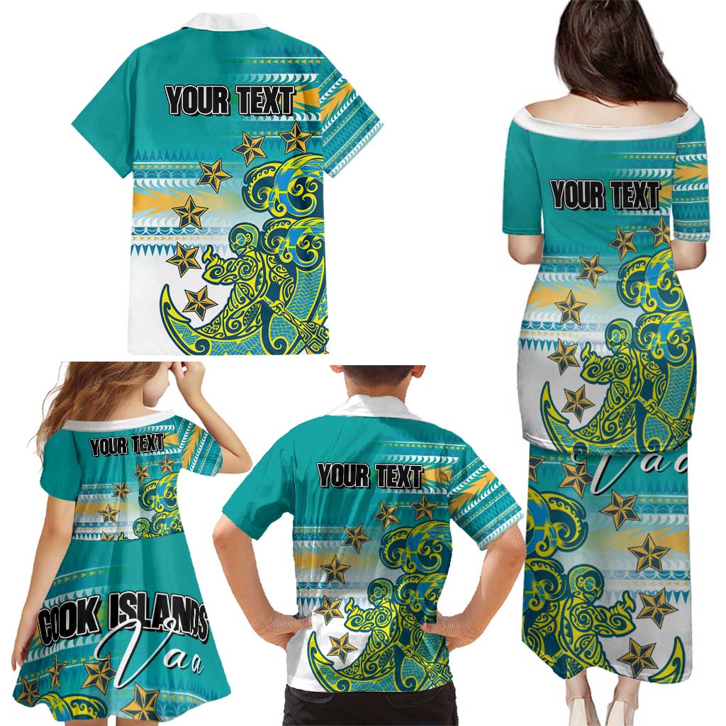 Personalised Cook Islands Va'a Race Family Matching Puletasi and Hawaiian Shirt Te Tatau Tattoos Sporty Style Turquoise Color LT03 - Polynesian Pride