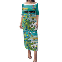 Personalised Cook Islands Va'a Race Family Matching Puletasi and Hawaiian Shirt Te Tatau Tattoos Sporty Style Turquoise Color LT03 Mom's Dress Turquoise - Polynesian Pride
