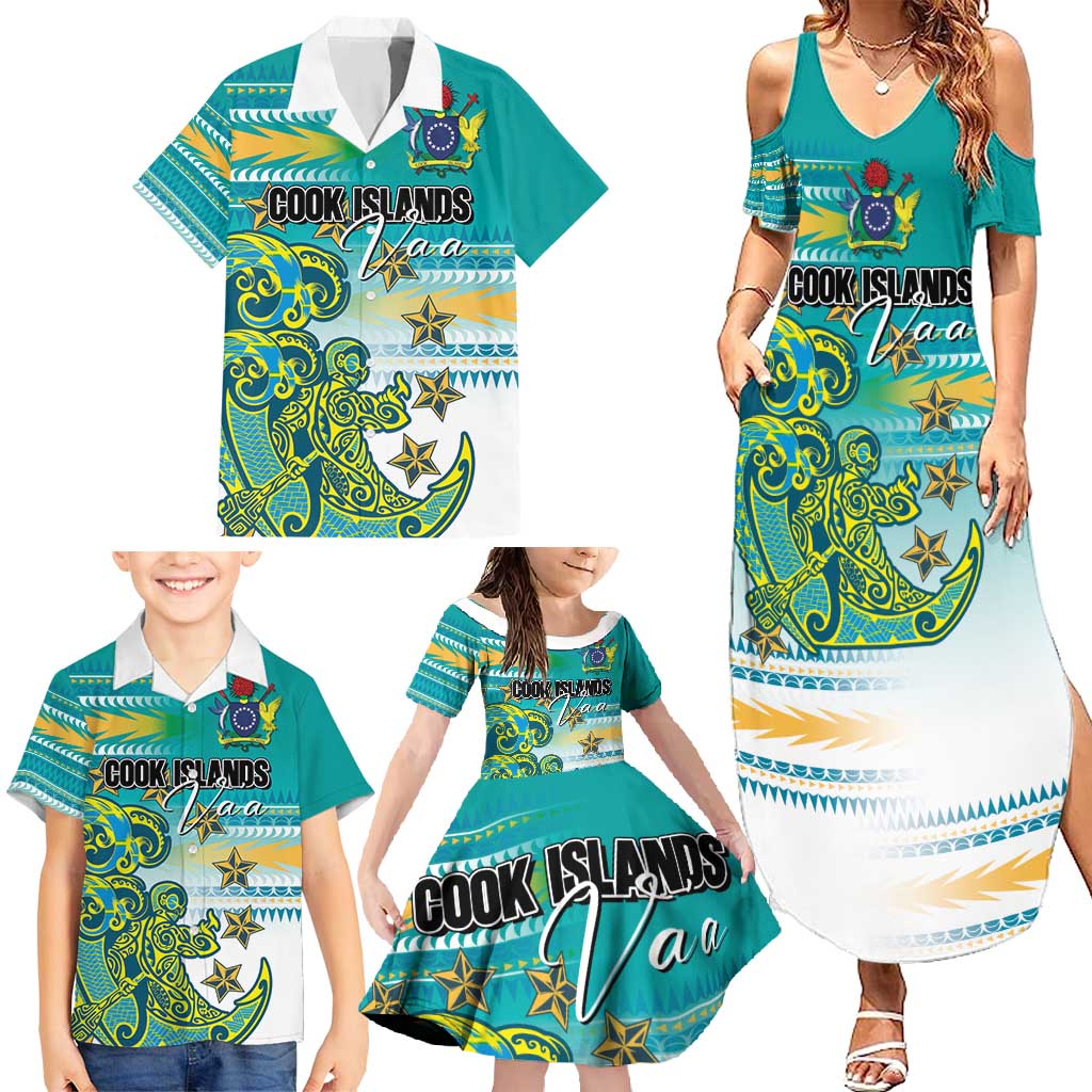 Personalised Cook Islands Va'a Race Family Matching Summer Maxi Dress and Hawaiian Shirt Te Tatau Tattoos Sporty Style Turquoise Color LT03 - Polynesian Pride