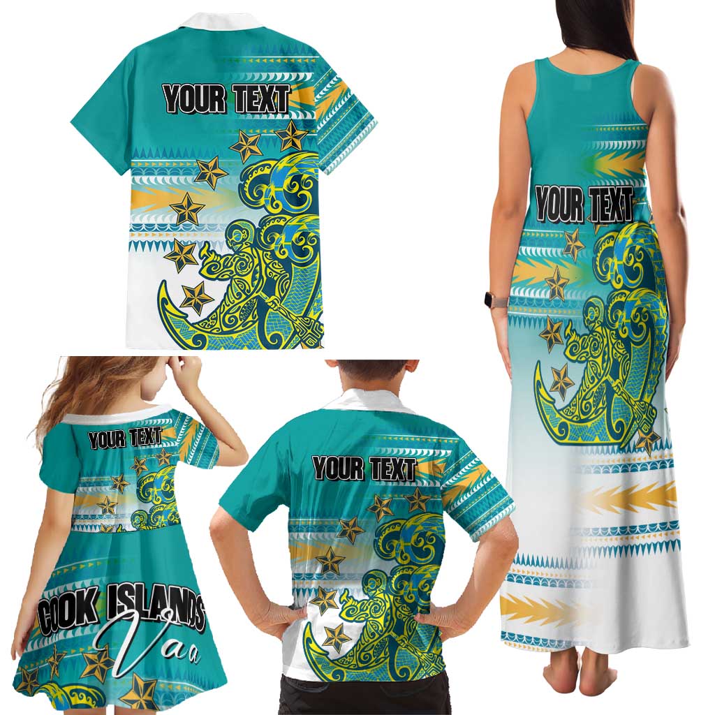 Personalised Cook Islands Va'a Race Family Matching Tank Maxi Dress and Hawaiian Shirt Te Tatau Tattoos Sporty Style Turquoise Color LT03 - Polynesian Pride