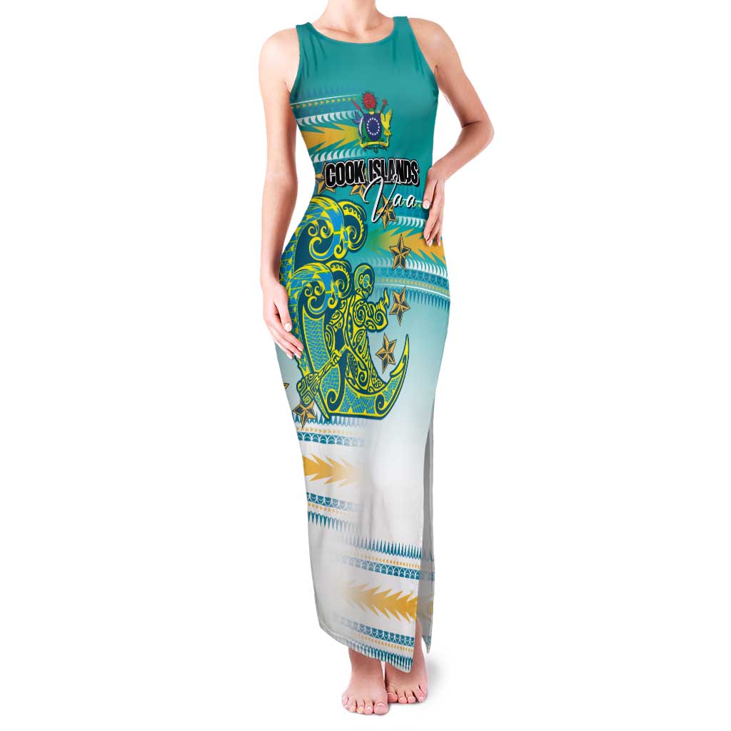 Personalised Cook Islands Va'a Race Family Matching Tank Maxi Dress and Hawaiian Shirt Te Tatau Tattoos Sporty Style Turquoise Color LT03 Mom's Dress Turquoise - Polynesian Pride